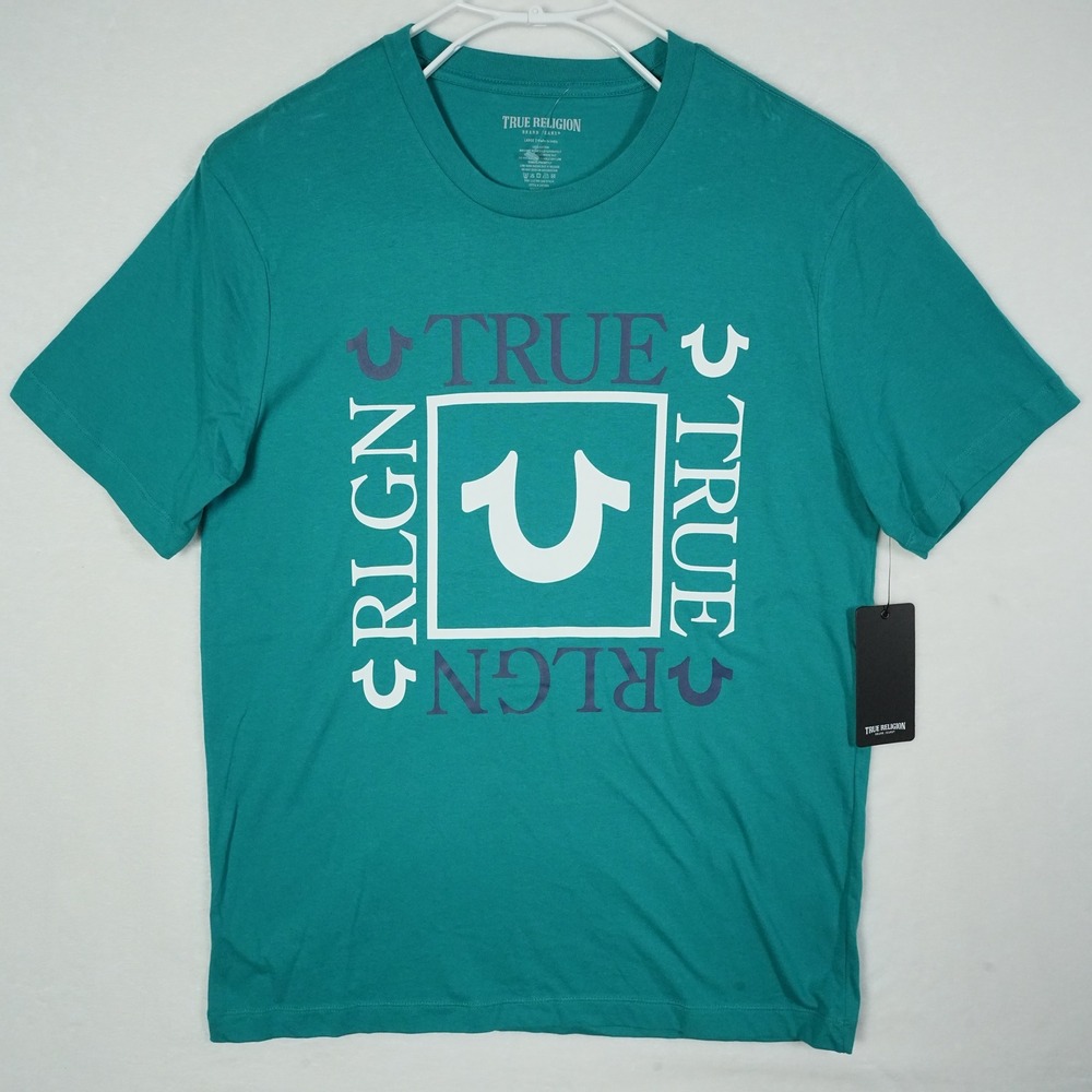True Religion Men's Teal Blue Box Logo‎ Graphic T Shirt Size Large NWT